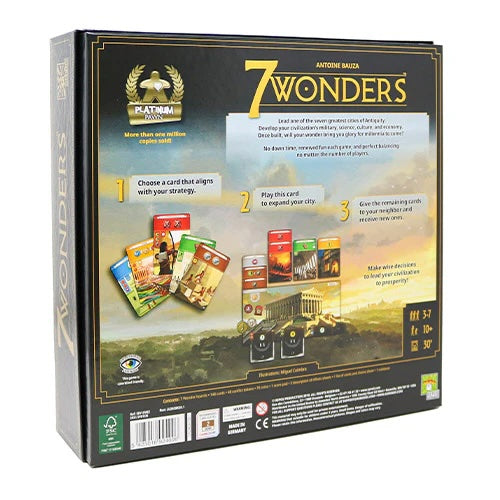 Board game box for '7 Wonders' with game components and rules displayed.