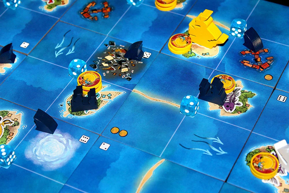 Board game with colorful tiles and dice on a blue grid for the board game Ahoy