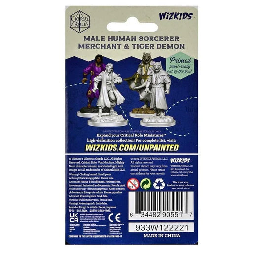 Critical Role Unpainted Miniatures: Male Human Sorcerer Merchant & Tiger Demon 2 - Tabletop Gaming