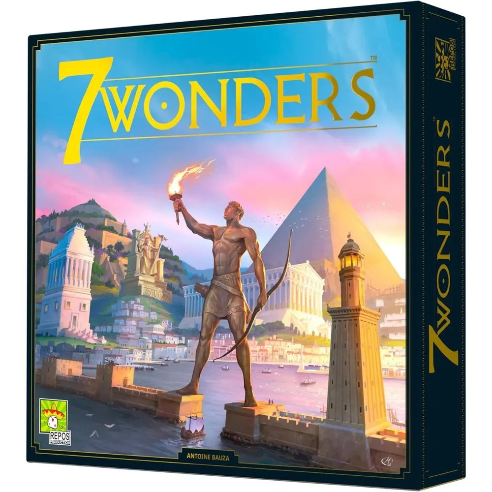 Board game box for '7 Wonders' with a statue and cityscape design.