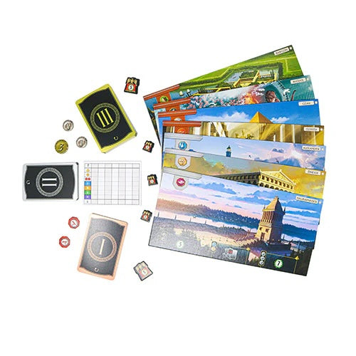 7 wonders 2nd edition Board game components including cards and pieces on a white background