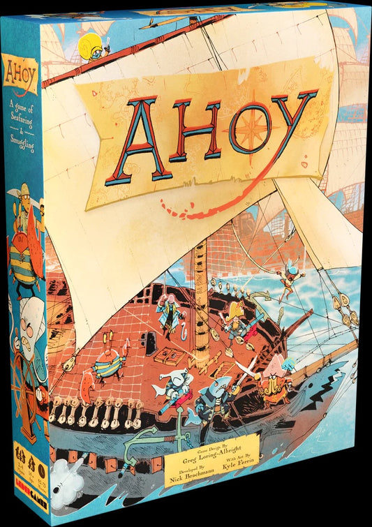 Board game box titled 'Ahoy' with a colorful illustration of a ship and characters on the cover.