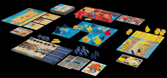 Board game components for Ahoy the board game including boards, cards, and pieces on a black background