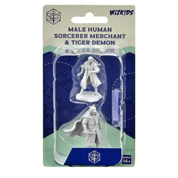 Critical Role Unpainted Miniatures: Male Human Sorcerer Merchant & Tiger Demon - Tabletop Gaming