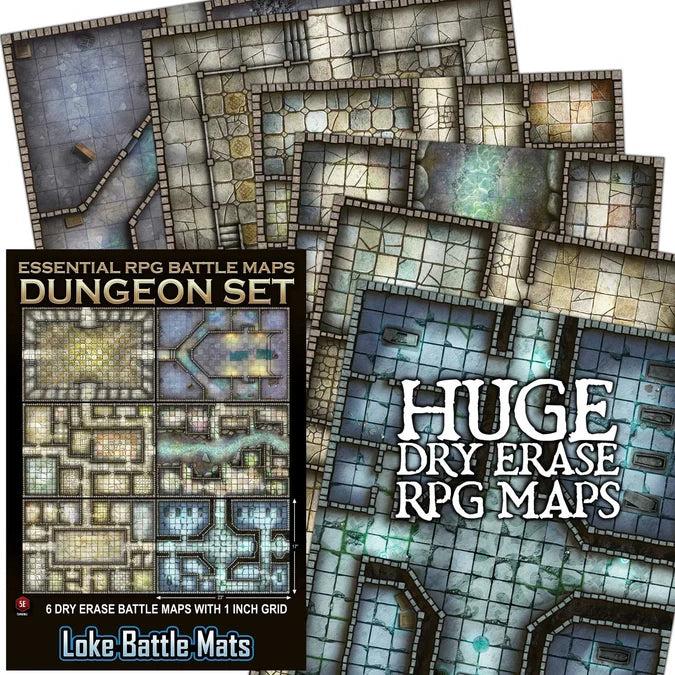 Essential RPG Battle Maps - Dungeon Set. 6 Wet/Dry Erase Battle Maps with 1 inch grid-Tabletop Gaming