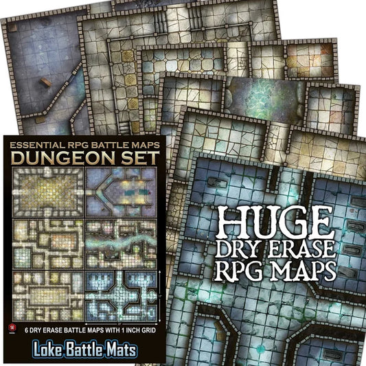 Essential RPG Battle Maps - Dungeon Set. 6 Wet/Dry Erase Battle Maps with 1 inch grid-Tabletop Gaming